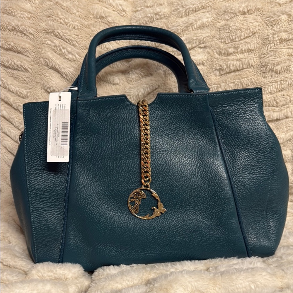Versace Collection Blue and Gold Satchel with Chain Detail